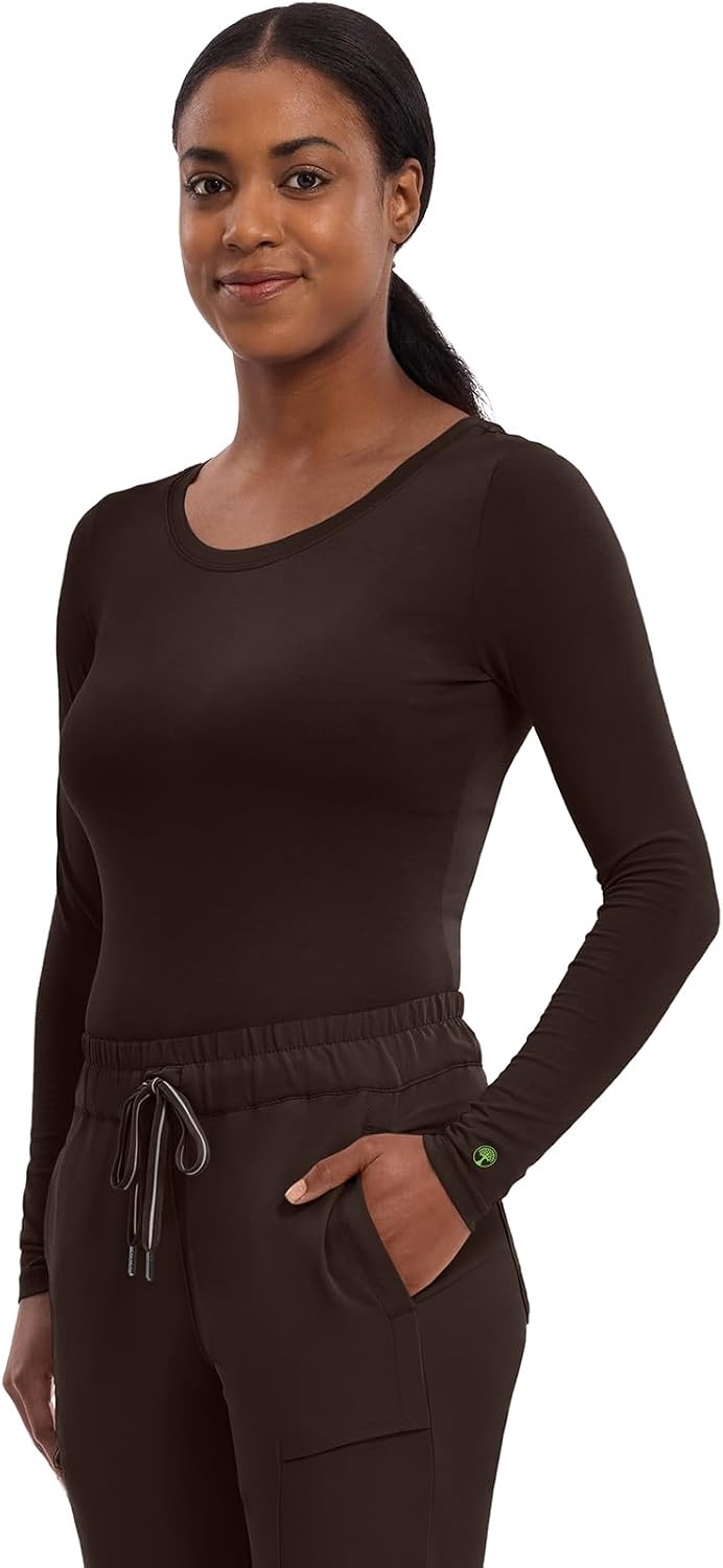 image:imageHealing Hands Underscrub Long Sleeve Women Knits Scrub Tops Soft Cotton Blend Knit Breathable Stretch Comfort Machine Wash Easy Care Fabric Ideal For Layering Under ScrubsDark Chocolate