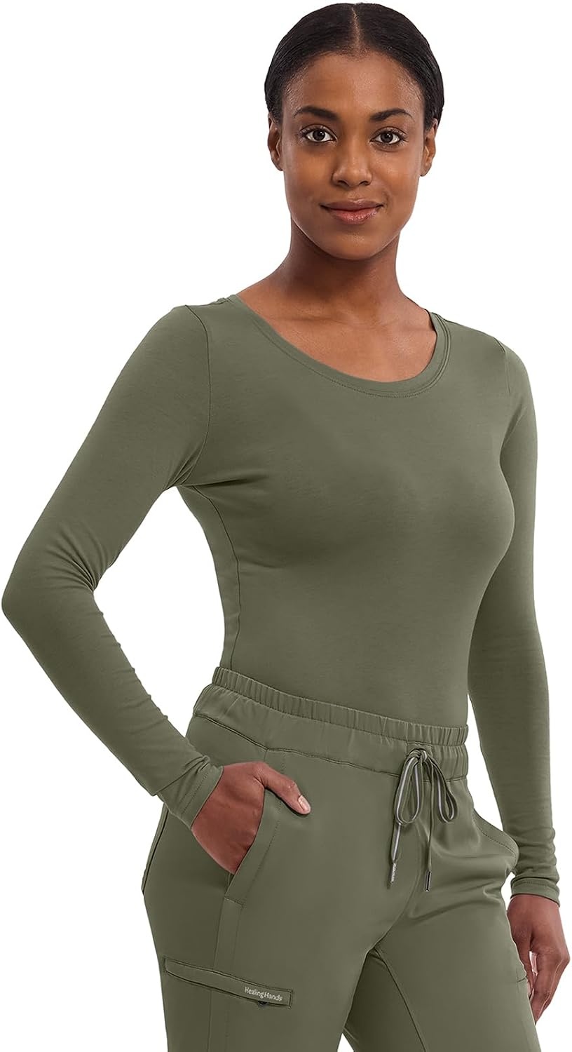 image:imageHealing Hands Underscrub Long Sleeve Women Knits Scrub Tops Soft Cotton Blend Knit Breathable Stretch Comfort Machine Wash Easy Care Fabric Ideal For Layering Under ScrubsOlive