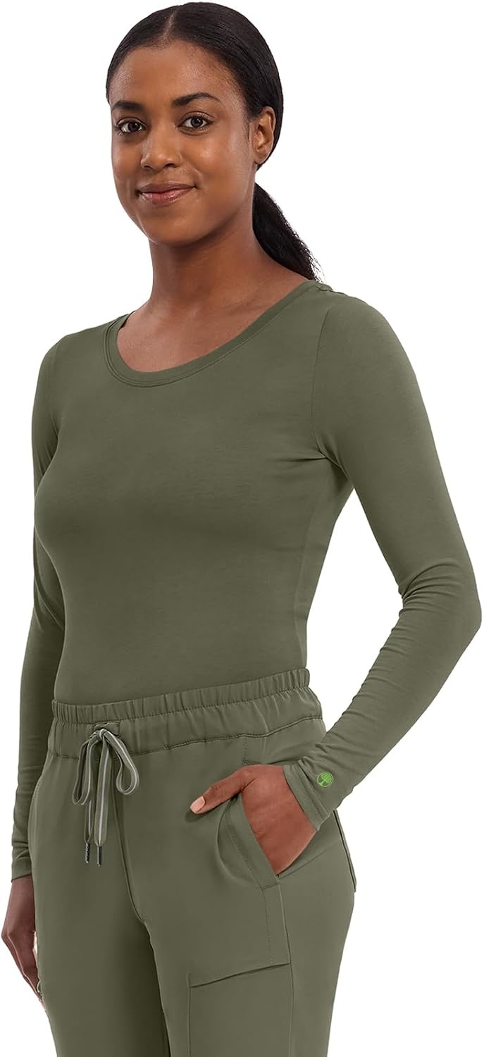 image:imageHealing Hands Underscrub Long Sleeve Women Knits Scrub Tops Soft Cotton Blend Knit Breathable Stretch Comfort Machine Wash Easy Care Fabric Ideal For Layering Under ScrubsOlive