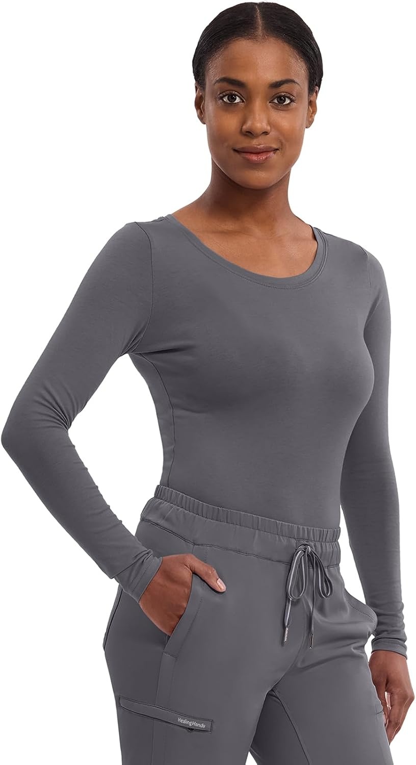 image:imageHealing Hands Underscrub Long Sleeve Women Knits Scrub Tops Soft Cotton Blend Knit Breathable Stretch Comfort Machine Wash Easy Care Fabric Ideal For Layering Under ScrubsPewter