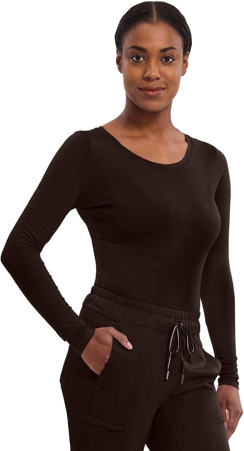image:imageHealing Hands Underscrub Long Sleeve Women Knits Scrub Tops Soft Cotton Blend Knit Breathable Stretch Comfort Machine Wash Easy Care Fabric Ideal For Layering Under ScrubsDark Chocolate