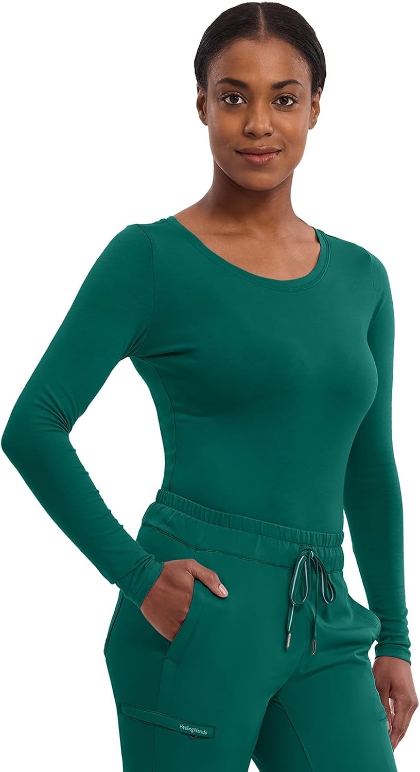 image:imageHealing Hands Underscrub Long Sleeve Women Knits Scrub Tops Soft Cotton Blend Knit Breathable Stretch Comfort Machine Wash Easy Care Fabric Ideal For Layering Under ScrubsHunter