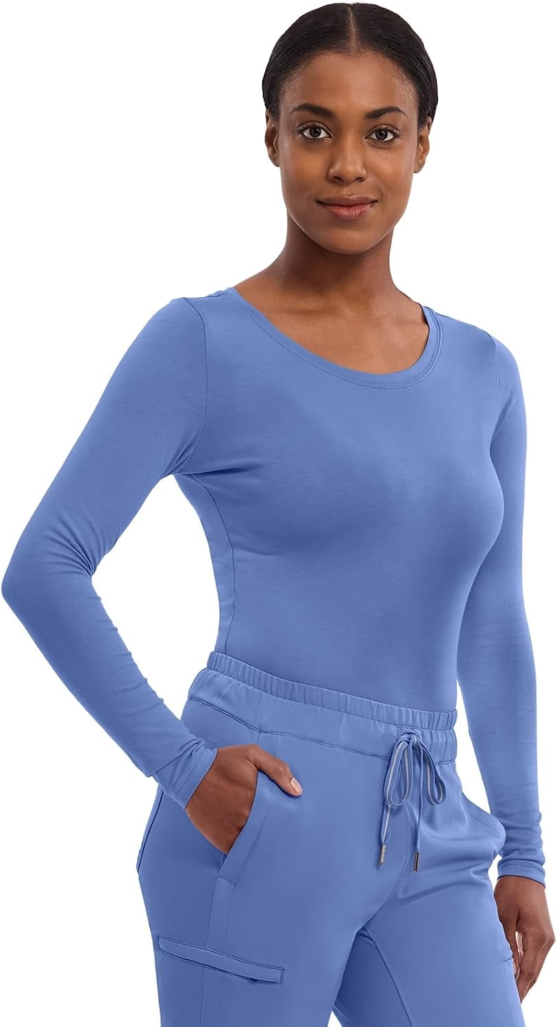 image:imageHealing Hands Underscrub Long Sleeve Women Knits Scrub Tops Soft Cotton Blend Knit Breathable Stretch Comfort Machine Wash Easy Care Fabric Ideal For Layering Under ScrubsCeil Blue