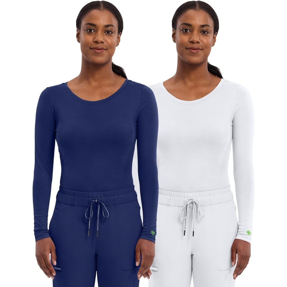 image:imageHealing Hands Underscrub Long Sleeve Women Knits Scrub Tops Soft Cotton Blend Knit Breathable Stretch Comfort Machine Wash Easy Care Fabric Ideal For Layering Under ScrubsNavy White 2 Pack