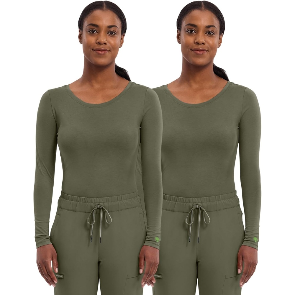 image:imageHealing Hands Underscrub Long Sleeve Women Knits Scrub Tops Soft Cotton Blend Knit Breathable Stretch Comfort Machine Wash Easy Care Fabric Ideal For Layering Under ScrubsOlive 2 Pack