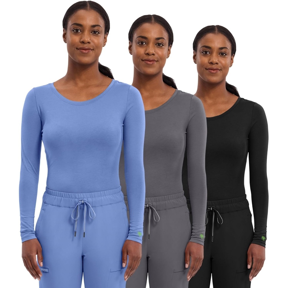 image:imageHealing Hands Underscrub Long Sleeve Women Knits Scrub Tops Soft Cotton Blend Knit Breathable Stretch Comfort Machine Wash Easy Care Fabric Ideal For Layering Under ScrubsCeil Pewter Black 3 Pack